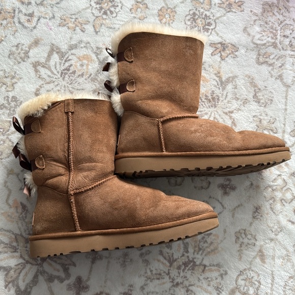 UGG Bailey Bow Boots Brown Women’s Size 9 Faux Fur Lined Chestnut Double Bow - Picture 7 of 16